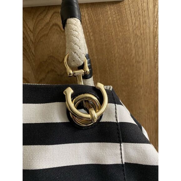 Michael Kors Marina Black White Striped Canvas Anchor Tote Shoulder Bag - Picture 5 of 16